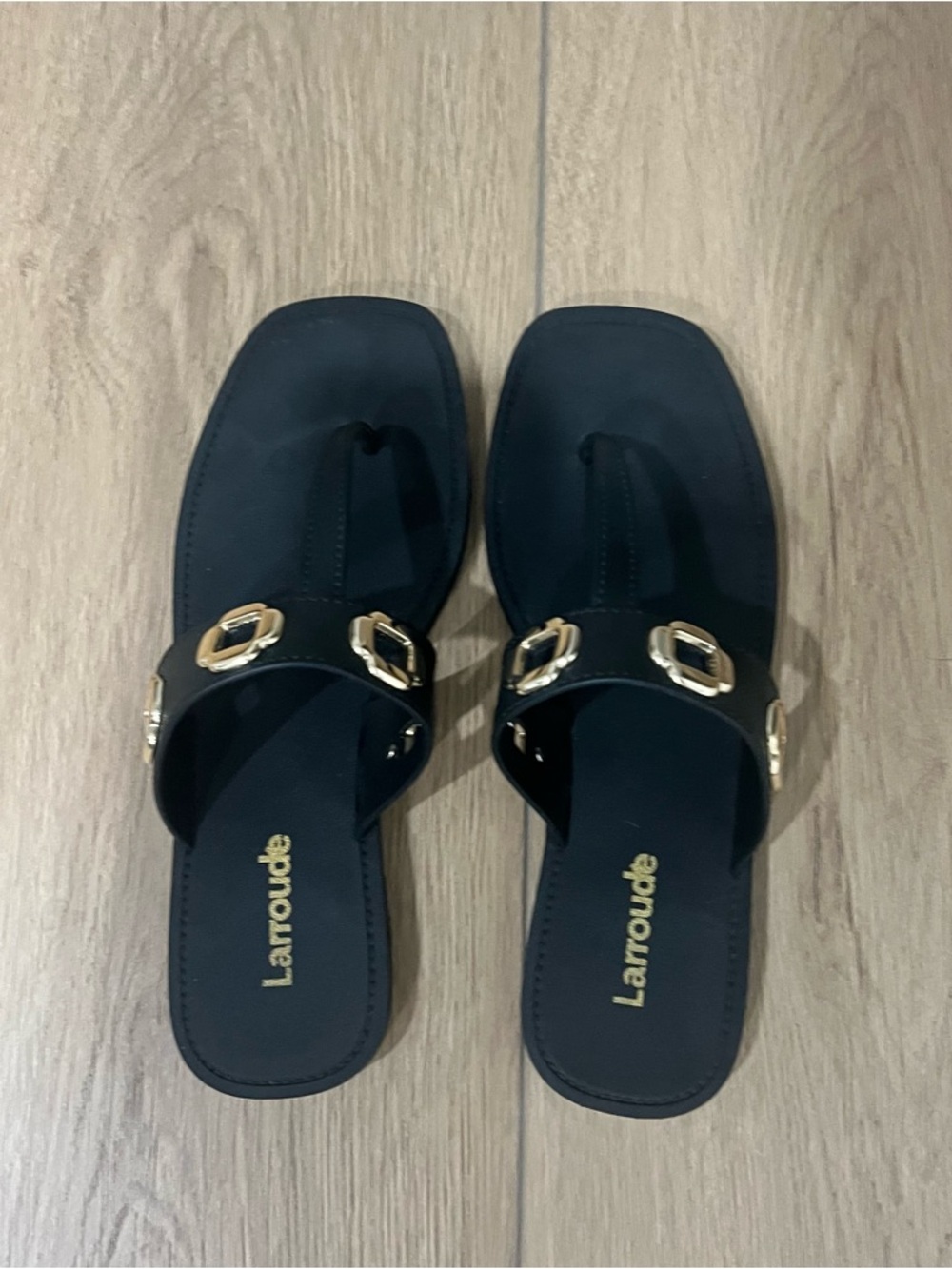 Larroude Black Slide Sandals with Gold Chain Hardware